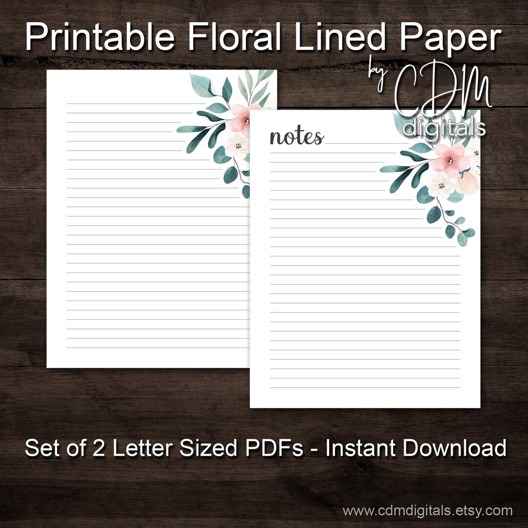PRINTABLE Floral Lined Paper Pdfs Set of 2 Letter Size Pages Stationary Note Sheets Instant ...