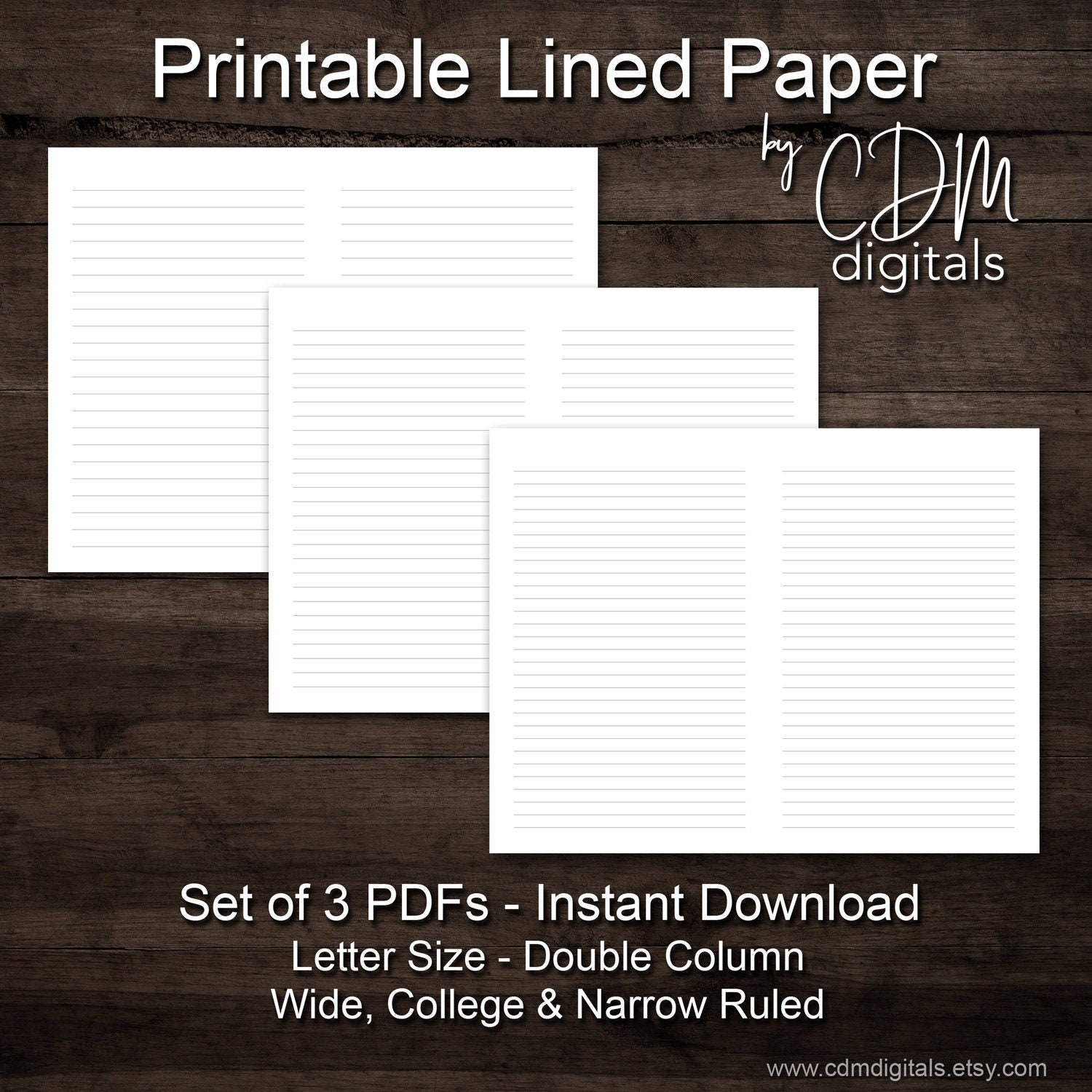 PRINTABLE Set of 3 Double Column Lined Paper Letter Size Pages Wide ...