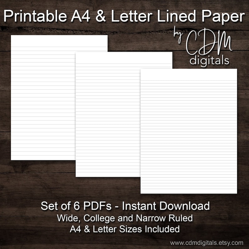 PRINTABLE Set of 6 Lined Paper - A4 &amp; Letter Size Pages - Wide, College ...