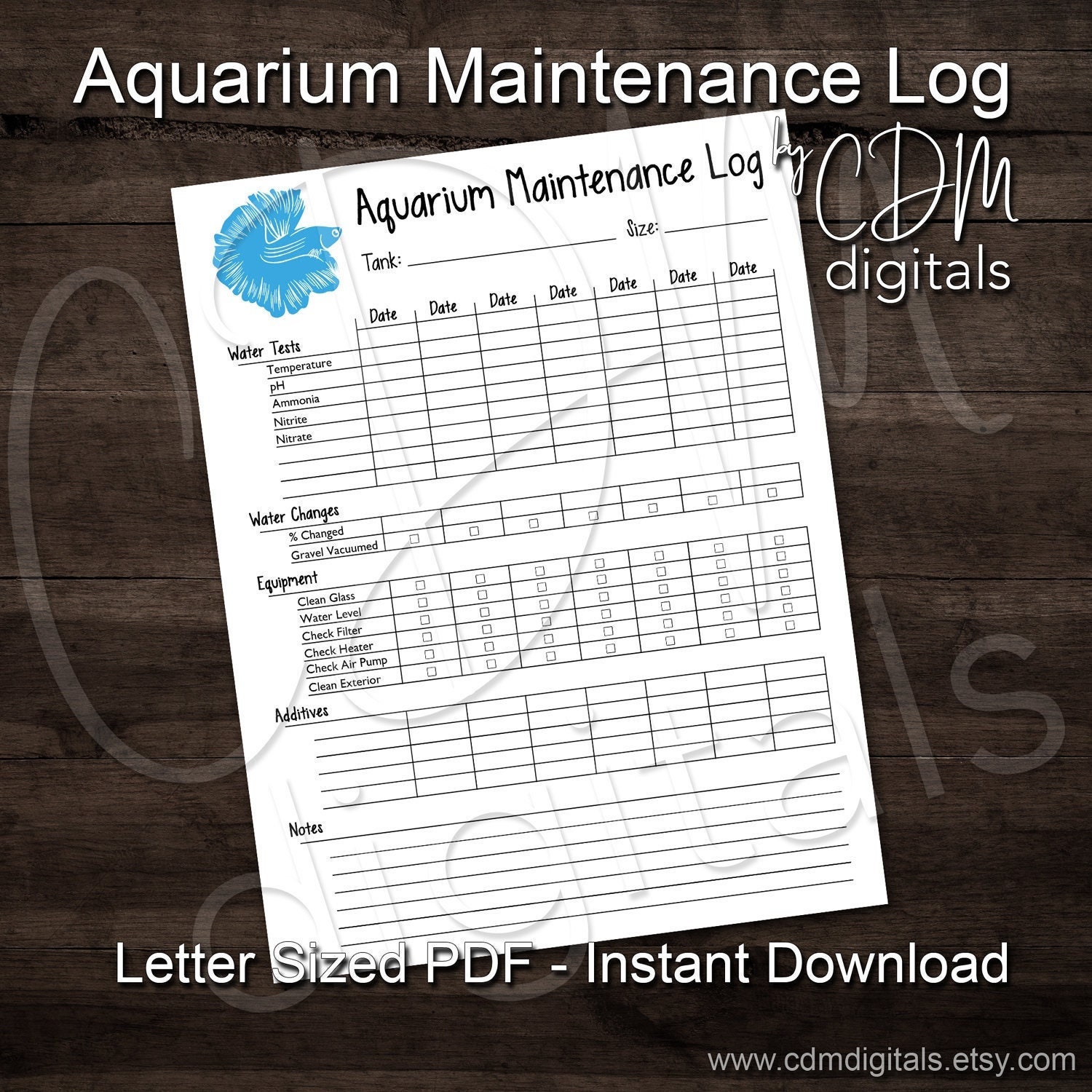 PRINTABLE Aquarium Maintenance Log Sheet, Fish Tank Journal, Letter Sized  for Binder Instant PDF Download 