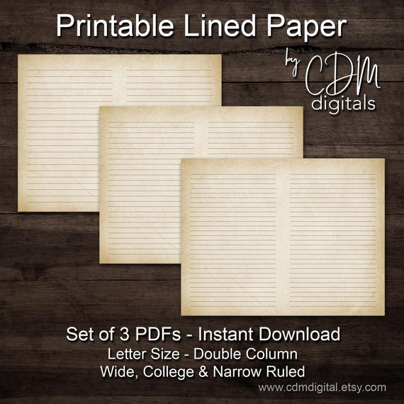 PRINTABLE Aged Double Column Distressed Lined Pages- Wide, College & Narrow Ruled Letter Size Journal Paper- Digital Download 3 PDFs