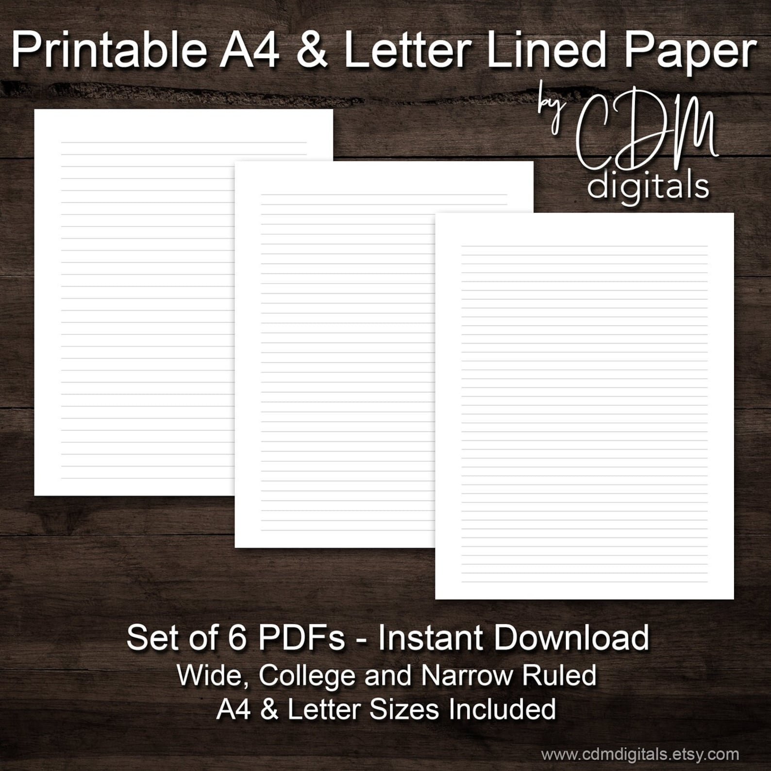 PRINTABLE Set of 6 Lined Paper W/ Margin Border - A4 & Letter Size
