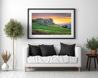 Ilkley Cow and Calf Sunset Wall Art – Yorkshire Dales Print – Ilkley Moor Landscape – Yorkshire Home Decor – Printable Download
