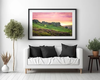 Panorama al tramonto con mucca e vitello a Ilkley - Stampa paesaggistica - Arte dello Yorkshire - Stampa Ilkley (B091)