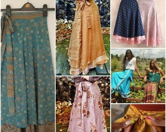 Indiase zijden rokken, handgemaakte vintage zijden rok, Boho rokken, wrap sari rokken, vrouwen hippie zomerrokken, casual party flowy rokken