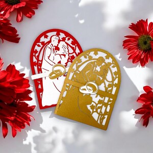 Triple triptych wedding invitation card/envelope, svg, pdf, eps, dxf, png file with floral dome detail for couple with space for gift card.