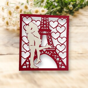 Romantische Eiffeltoren SVG-cadeaubon envelop, geweldig voor Valentijnsdag, 5,1 x 5,7 inch, tortelduifjes-ontwerp