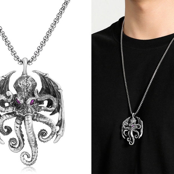 Collier pendentif fait main Le mythe de Cthulhu, collier chaîne animal marin pieuvre rubis, collier hip-hop en acier pour hommes