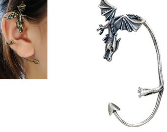 Flying Dragon Sterling Silver Ear Clip, Single Dragon Cuff Earring, Dragon Screw Back Earring, Gothic Ear Cuff, Lager Earring