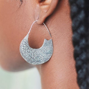 Engaved Silver Huge Fish Earrings, Thin Arch Fish Hoops, Big Hoop Earrings, Novelty Earrings, Boho Jewelry