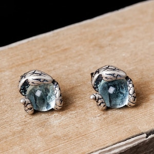 Vintage Crawler and Blue Topaz Dainty 925 Silver Stud Earrings for Snake Lovers Gift