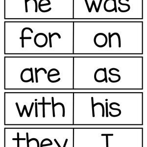 May include: Black and white image of a set of flashcards with common sight words. The words are: he, was, for, on, are, as, with, his, they, I.