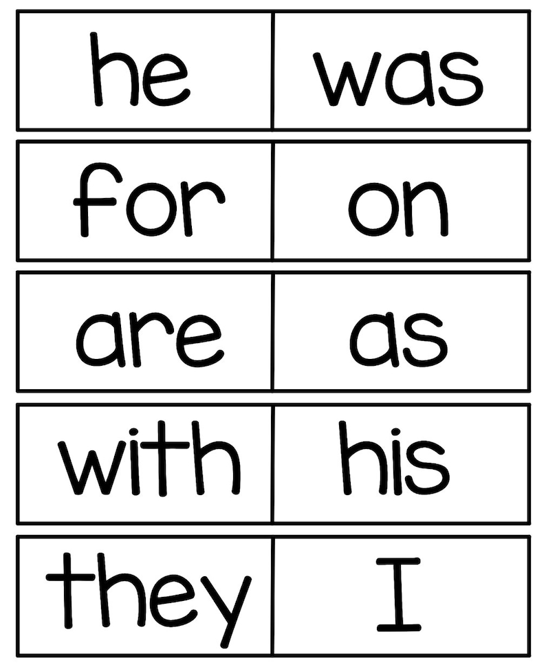 May include: Black and white image of a set of flashcards with common sight words. The words are: he, was, for, on, are, as, with, his, they, I.