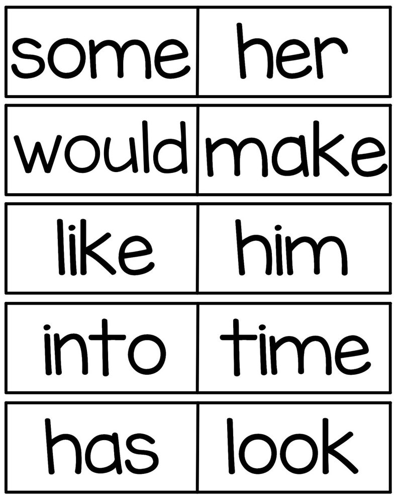 May include: Black and white flash cards with the words "some", "her", "would", "make", "like", "him", "into", "time", "has", and "look" printed on them.