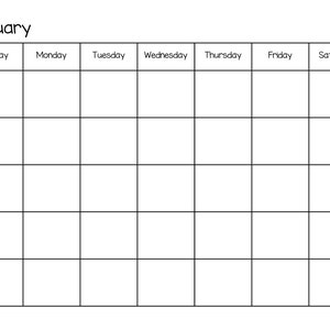 May include: A blank calendar for the month of January, with labeled days of the week. The calendar is a simple grid design, perfect for scheduling and planning. The word "January" is at the top.