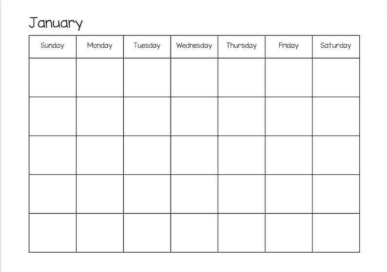 Printable Calendar 11x8.5blank Calendar Teacher Calendar Sunday Start