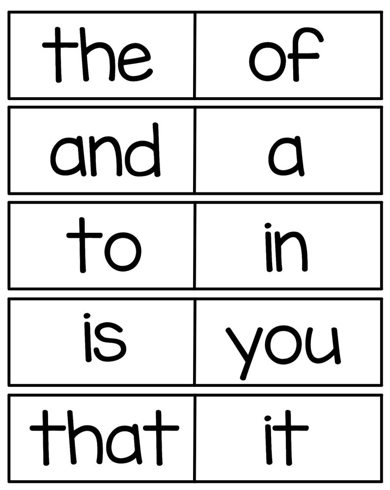 May include: Black and white flashcards with common sight words, including "the", "of", "and", "a", "to", "in", "is", "you", "that", and "it".