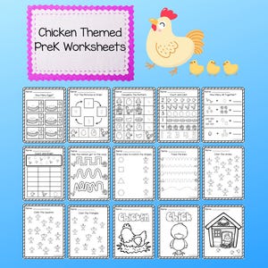 May include: Black and white printable preschool worksheets featuring a chicken theme. The worksheets include activities such as counting, coloring, matching, and tracing.