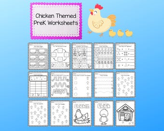 Chicken Theme Pre-K Worksheet Set – 15 Printable PDF Pages for Counting, Patterns, Tracing, Shapes & More – Preschool Activity Pack