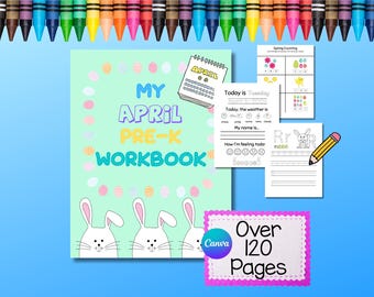 April PreK Workbook - Canva Template - Printable - 120 Pages - 4 Pages Per Day - Preschool Workbook
