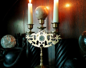 Jade Dragon Candelabra. Crystal Ball. MOONSTONE Scrying Orb on Vintage Brass Stand. Altar Tools. Magic. Witchcraft. Occult. Divination Tool.