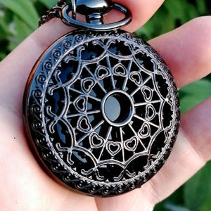 Seance Scrying Mirror. Acrylic Face. Pocket Black Scrying Mirror Etched Metal Casing on Chain Necklace. Magick. Divination Tools. Witchcraft