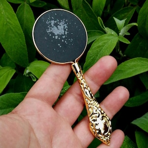 Dark Moon - Scrying Mirror. Black Glass, Ritually Foxed, Witch&#39;s Mirror, Etched Metal Case. Divination Tool. Witchcraft. Altar Tool. Altars.