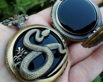 Snake Scrying Mirror. Acrylic Face Pocket Black Mirror. Etched Metal Serpent Case & Chain Necklace, Witchcraft, Divination Tools, Medusa.