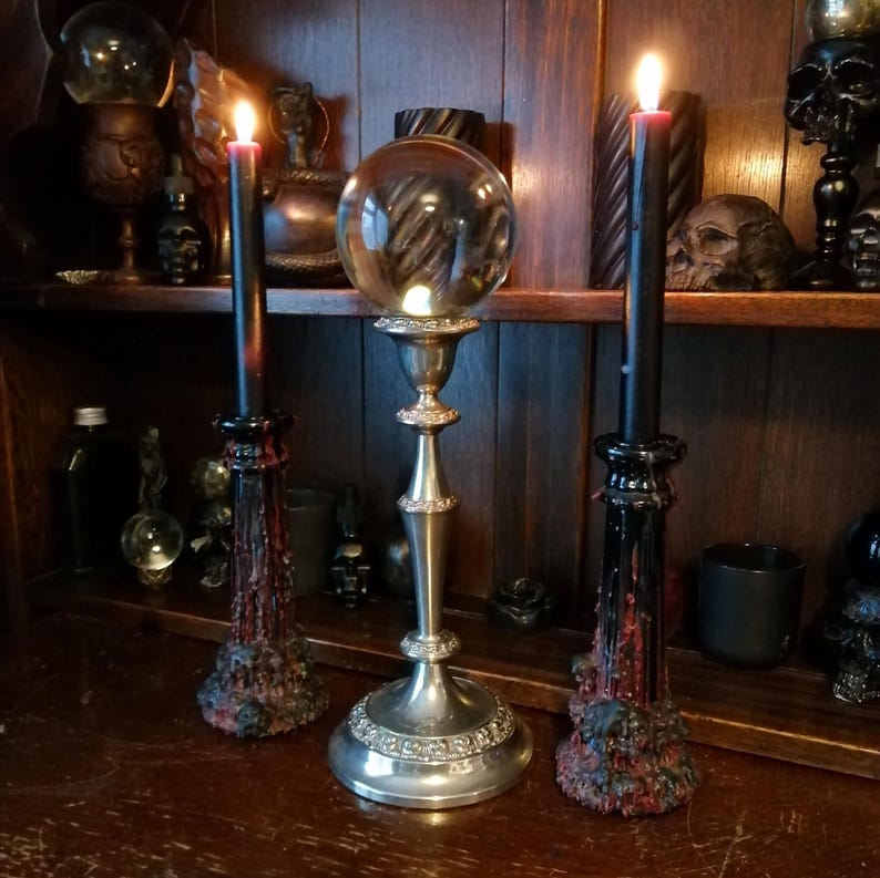 Invocation Crystal Ball, Huge Glass Scrying Orb & Silver Plate, Floral ...