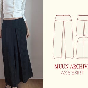 May include: Black, floor-length skirt with vertical stripes and a front slit. The skirt is paired with a white cardigan. The image also includes a line drawing of the skirt and the text "MUUN ARCHIVE AXIS SKIRT."