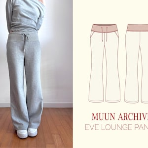 May include: A person wearing a gray lounge set, including wide-leg sweatpants with a drawstring waist and a long-sleeved top. The image also shows a technical drawing of the pants with the text "MUUN ARCHIVE EVE LOUNGE PANTS."
