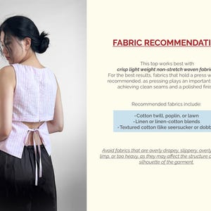 May include: A sleeveless light pink and white gingham top with an open back design featuring a tie closure at the waist. The text FABRIC RECOMMENDATION appears on the right, listing cotton twill, poplin, lawn, linen, and textured cotton fabrics.