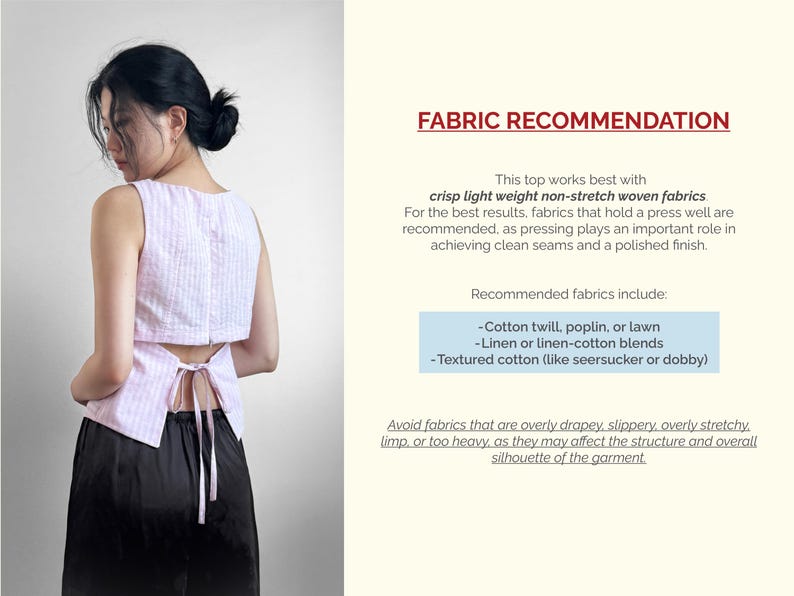 May include: A sleeveless light pink and white gingham top with an open back design featuring a tie closure at the waist. The text FABRIC RECOMMENDATION appears on the right, listing cotton twill, poplin, lawn, linen, and textured cotton fabrics.