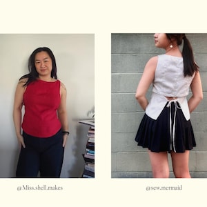 May include: A sleeveless red top with a boat neckline paired with black trousers, and a sleeveless white cable-knit top with a back tie closure paired with a black pleated skirt. The text @Miss.shell.makes and @sew.mermaid appear below.
