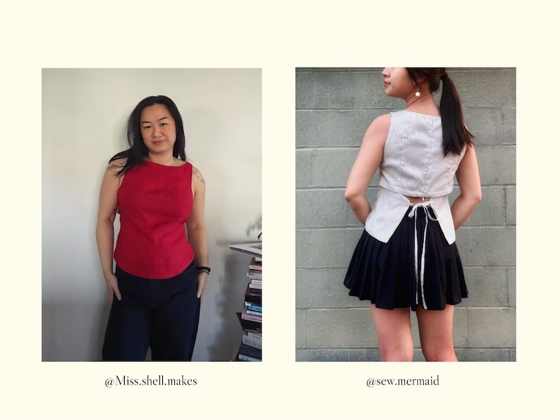 May include: A sleeveless red top with a boat neckline paired with black trousers, and a sleeveless white cable-knit top with a back tie closure paired with a black pleated skirt. The text @Miss.shell.makes and @sew.mermaid appear below.