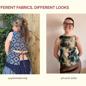 May include: Two sleeveless tops with the text DIFFERENT FABRICS, DIFFERENT LOOKS. The left top is navy blue with a white geometric star pattern and a back tie closure. The right top features a blurred teal, brown, and cream abstract print.