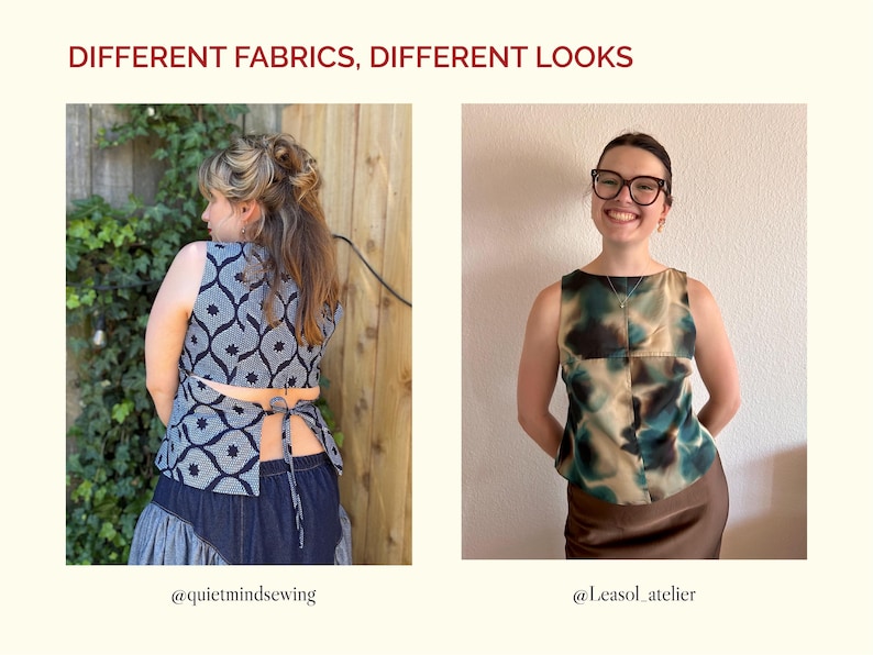 May include: Two sleeveless tops with the text DIFFERENT FABRICS, DIFFERENT LOOKS. The left top is navy blue with a white geometric star pattern and a back tie closure. The right top features a blurred teal, brown, and cream abstract print.