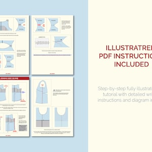 May include: A digital document featuring illustrated PDF instructions for a sewing project. The pages display light blue garment diagrams, red arrows, and text labels. The right side contains the text ILLUSTRATED PDF INSTRUCTIONS INCLUDED.