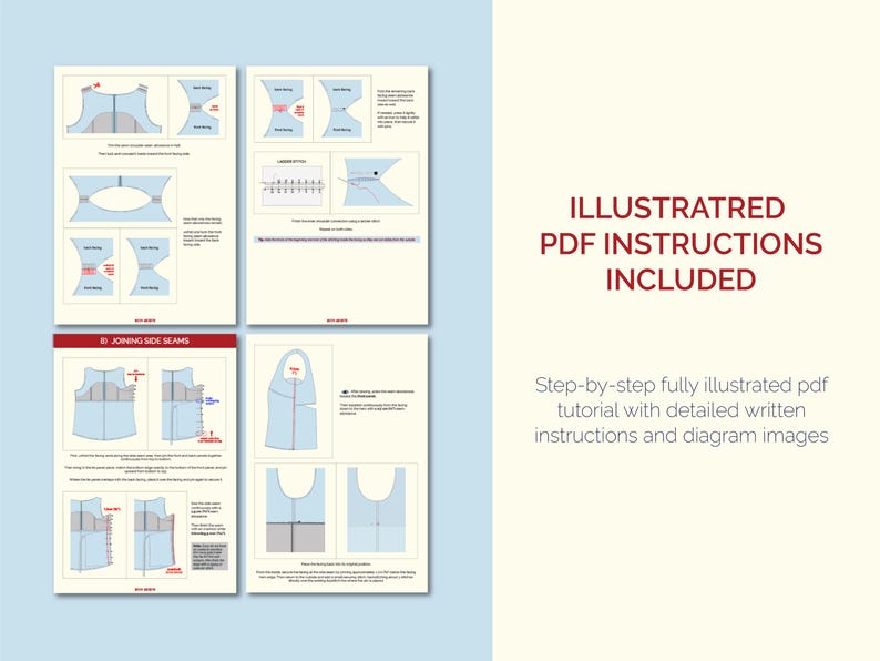May include: A digital document featuring illustrated PDF instructions for a sewing project. The pages display light blue garment diagrams, red arrows, and text labels. The right side contains the text ILLUSTRATED PDF INSTRUCTIONS INCLUDED.