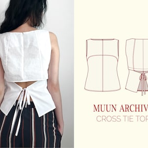 May include: A white sleeveless top featuring a back cutout with a tie closure, shown on a person and in a technical line drawing. The text MUUN ARCHIVE CROSS TIE TOP is printed in red below the illustration, detailing the garment construction.
