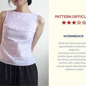 May include: A sleeveless top featuring a light pink and white horizontal striped pattern with a boat neckline and a horizontal seam across the chest. Text on the right reads: PATTERN DIFFICULTY, three red stars, INTERMEDIATE, and descriptive text.