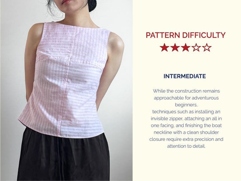 May include: A sleeveless top featuring a light pink and white horizontal striped pattern with a boat neckline and a horizontal seam across the chest. Text on the right reads: PATTERN DIFFICULTY, three red stars, INTERMEDIATE, and descriptive text.