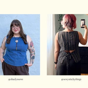 May include: A sleeveless blue top with a square neckline and a fitted bodice. A second sleeveless top features a black and tan vertical striped pattern, a square neckline, an open back design, and a tie closure at the lower back hem.
