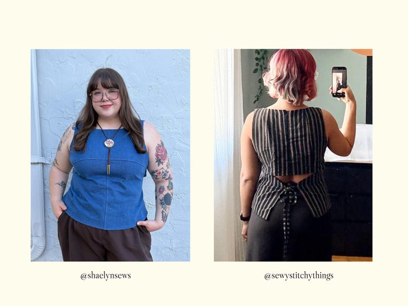 May include: A sleeveless blue top with a square neckline and a fitted bodice. A second sleeveless top features a black and tan vertical striped pattern, a square neckline, an open back design, and a tie closure at the lower back hem.