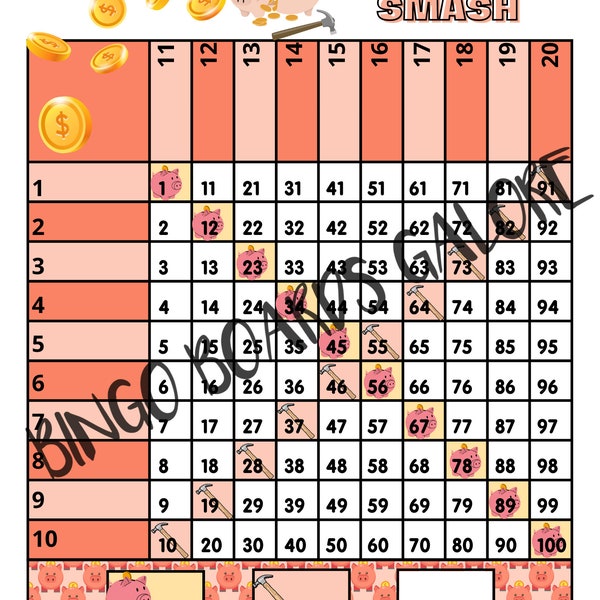 100 Ball Bingo Grid - Piggybank Smash - 2 Boards