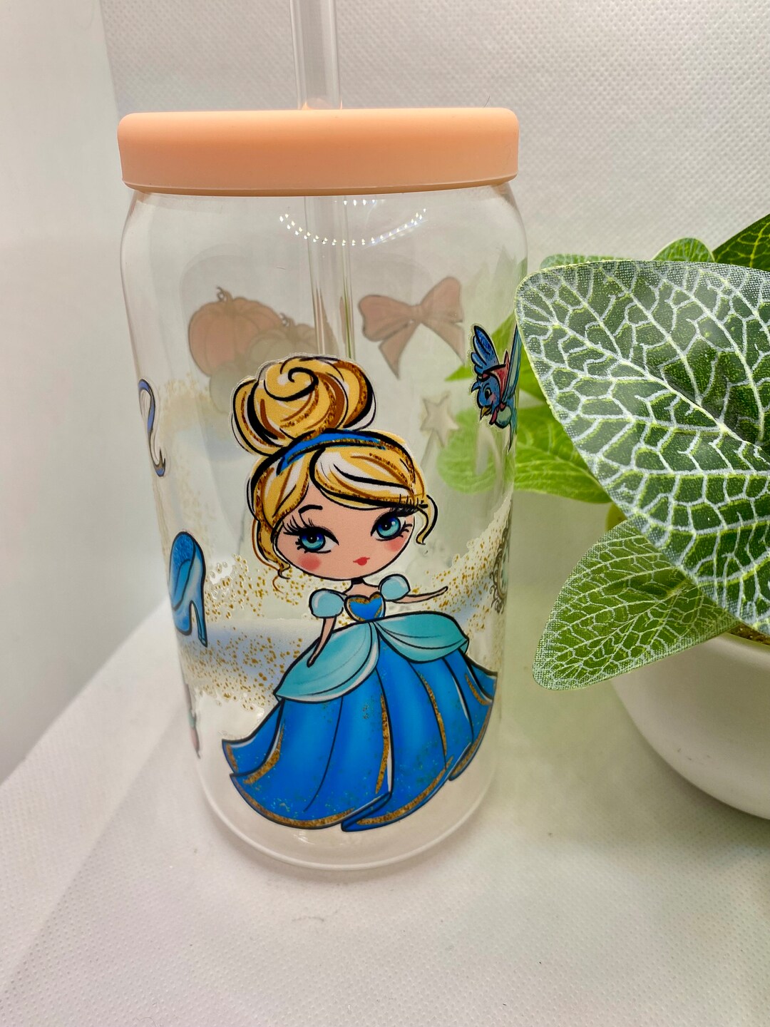 Princess Glass Containers Blue Princess Glass Tumbler With Silicone Lid, Glass Straw - 16oz - Etsy