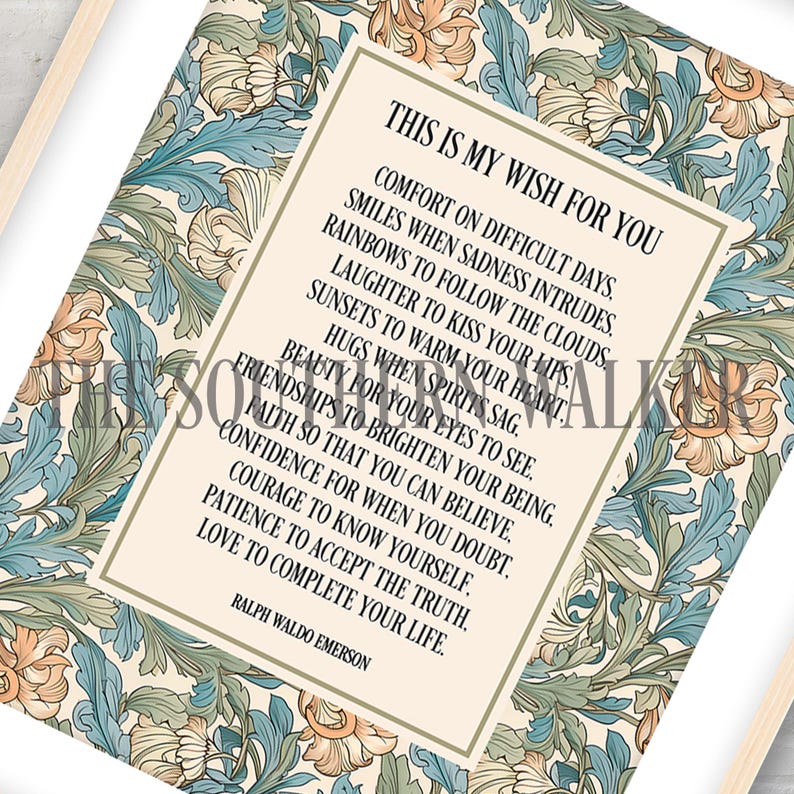 Puede incluir: Una impresi&oacute;n enmarcada con un patr&oacute;n floral en tonos de azul, verde y melocot&oacute;n. La impresi&oacute;n presenta un rect&aacute;ngulo central color crema con el texto "THIS IS MY WISH FOR YOU" y una cita de Ralph Waldo Emerson.