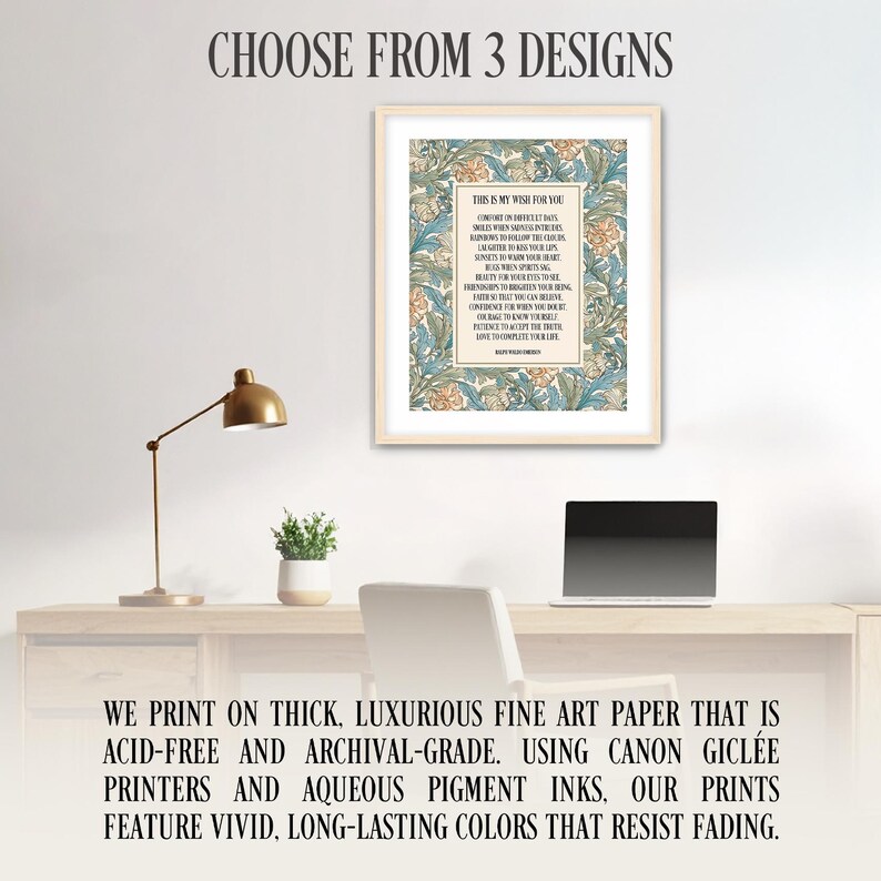 Puede incluir: Una impresi&oacute;n art&iacute;stica enmarcada con un dise&ntilde;o floral en tonos azules, verdes y beige. La impresi&oacute;n presenta un poema titulado "This Is My Wish For You". El texto "CHOOSE FROM 3 DESIGNS" est&aacute; en la parte superior.