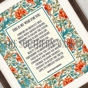 Puede incluir: Impresi&oacute;n art&iacute;stica enmarcada con fondo crema y borde turquesa. La impresi&oacute;n presenta un poema con motivos florales en naranja, turquesa y crema. El texto dice "This is my wish for you" y est&aacute; firmado por Ralph Waldo Emerson.