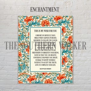 Puede incluir: Una impresi&oacute;n enmarcada con el texto "This is my wish for you" rodeada de un dise&ntilde;o floral. El patr&oacute;n floral presenta flores naranjas y hojas verde azulado sobre un fondo crema. La palabra "ENCHANTMENT" est&aacute; en la parte superior.